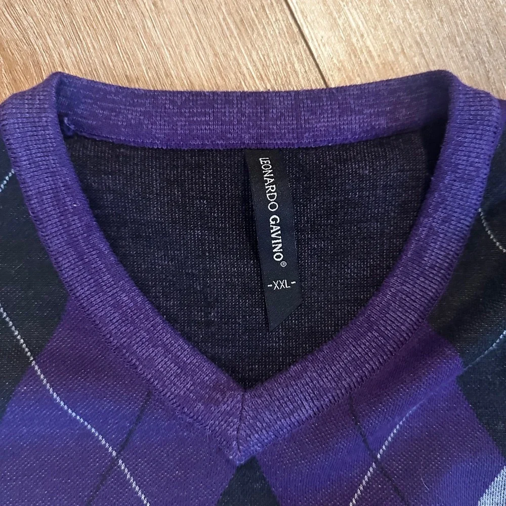 Leonardo Gavino Mens XXL Argyle Sweater Vest Purple Black Grey V-Neck Knit